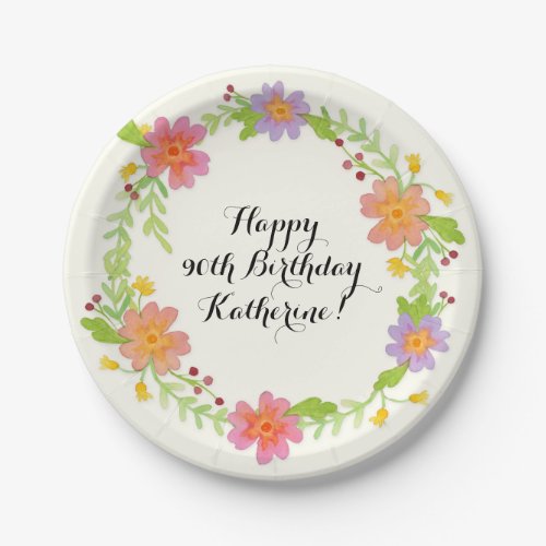 90th Birthday Party Watercolor Modern Floral Paper Plates
