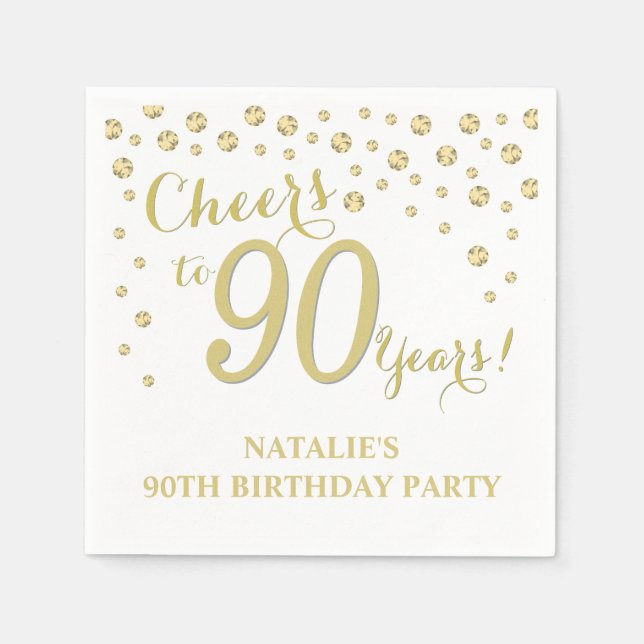 90th Birthday Party White and Gold Diamond Napkins (Front)