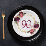 90th birthday party white gold geo floral burgundy paper plates<br><div class="desc">A plate for a 90th birthday party. A chic white background with a faux gold geometric frame. Decorated with dark purple and burgundy flowers, roses and boho style feathers. Templates for a name, age 90 and a date. Date of birth or the date of the party. The name is written...</div>