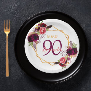 90th birthday party white gold geo floral burgundy paper plates