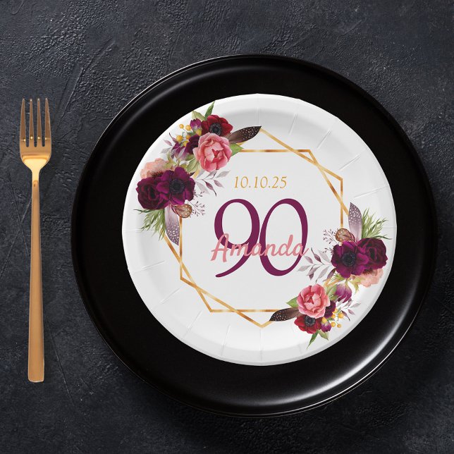 90th birthday party white gold geo floral burgundy paper plates (Creator Uploaded)