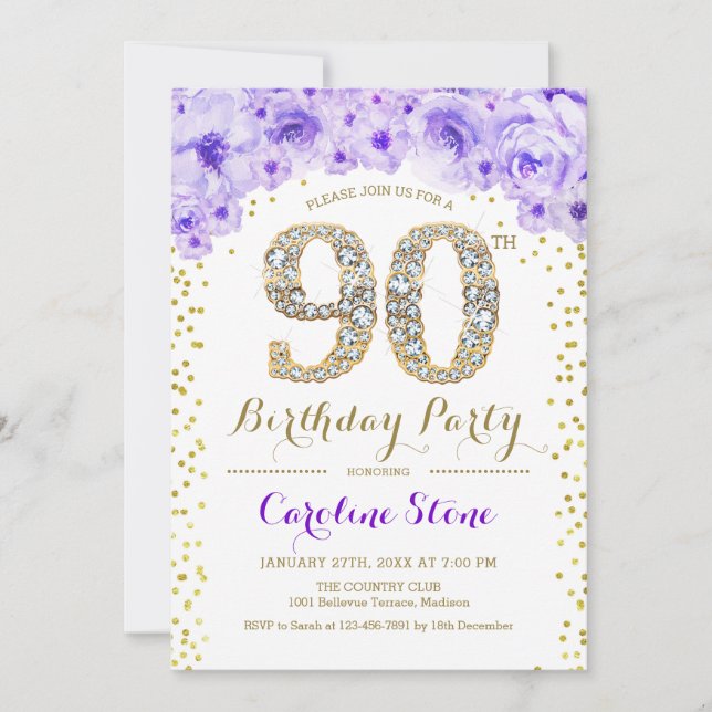 90th Birthday Party - White Gold Purple Invitation (Front)