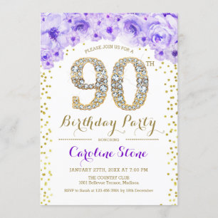 90th Birthday Party - White Gold Purple Invitation