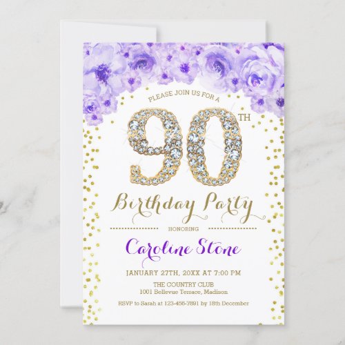 90th Birthday Party _ White Gold Purple Invitation