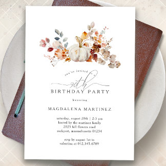 90th Birthday Party White Pumpkin Fall Flowers Invitation