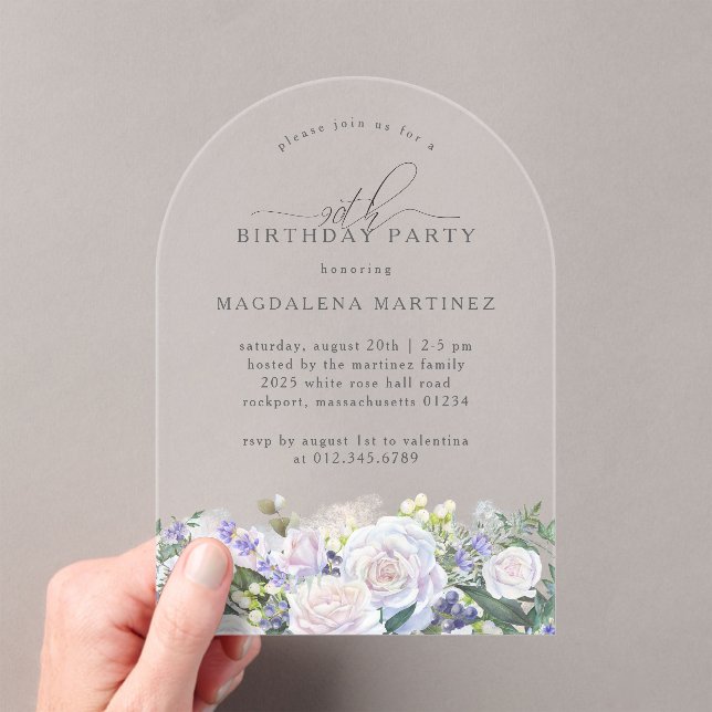 90th Birthday Party White Rose Blue Floral Arch Acrylic Invitations (Insitu (Handheld))