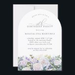 90th Birthday Party White Rose Blue Floral Invitation<br><div class="desc">Elegant white rose and blue wildflower floral arrangement decorates the bottom of this modern arch-shaped birthday invitation. 90th is written in a modern script font. The remainder of the text is a spacious serif.</div>