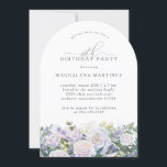 90th Birthday Party White Rose Blue Floral Invitation<br><div class="desc">Elegant white rose and blue wildflower floral arrangement decorates the bottom of this modern arch-shaped birthday invitation. 90th is written in a modern script font. The remainder of the text is a spacious serif.</div>