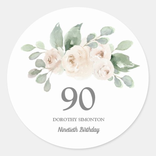 90th Birthday Party White Rose Eucalyptus Classic Round Sticker