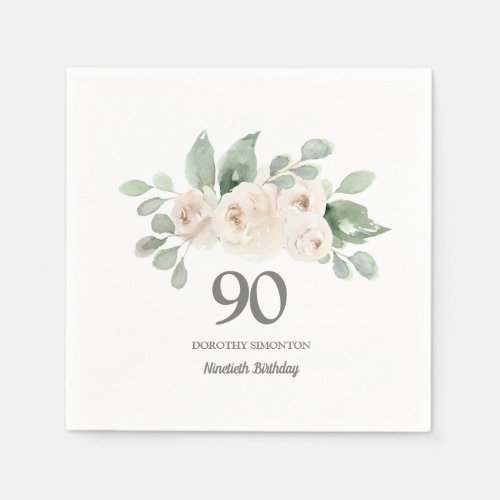 90th Birthday Party White Rose Eucalyptus Napkins