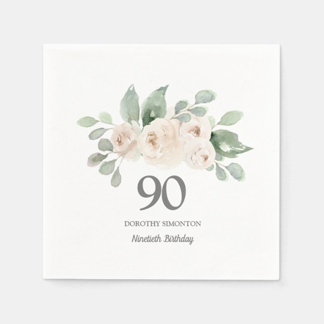 90th Birthday Party White Rose Eucalyptus Napkins (Front)