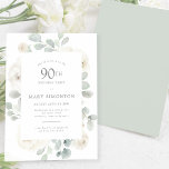 90th Birthday Party White Rose Floral Invitation<br><div class="desc">Honor a special woman with this elegant 90th Birthday party invitation. White roses nestled in soft sage green eucalyptus leaves form a modern botanical frame. All of the text can be edited,  so you can describe your special celebration perfectly</div>