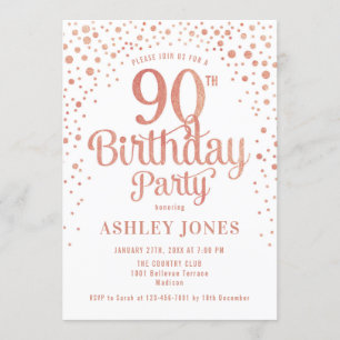 90th Birthday Party - White & Rose Gold Invitation