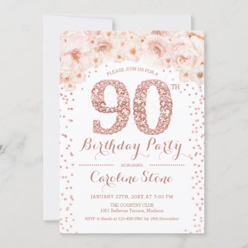 90th Birthday Party _ White Rose Gold Invitation