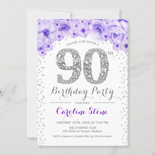 90th Birthday Party _ White Silver Purple Invitation