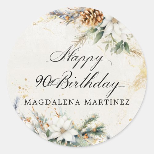 90th Birthday Party White Winter Floral Custom Classic Round Sticker