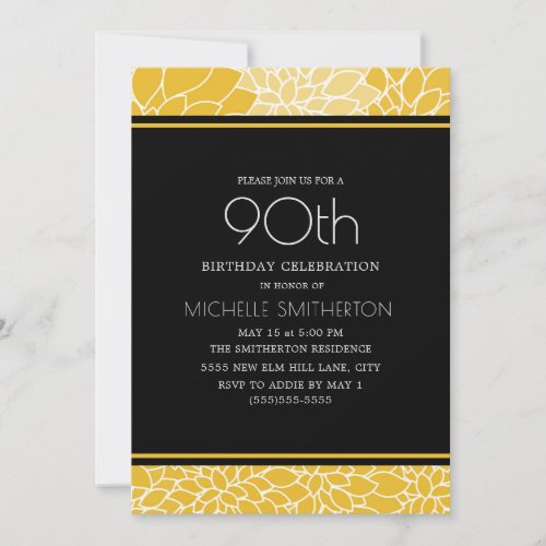 90th Birthday Party Yellow White Black Floral Invitation
