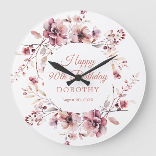 90th Birthday Personalized Burgundy Pink Floral Large Clock