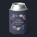 90th Birthday Personalized Moody Purple Flower Can Can Cooler<br><div class="desc">Moody and mysterious purple roses and peonies set the tone for this elegant 90th birthday can cooler. White and blue flowers add a pop of color to the dark watercolor wreath. Happy 90th Birthday and the birthday celebrant's name are in the center. The bright white script gives it an elegant...</div>