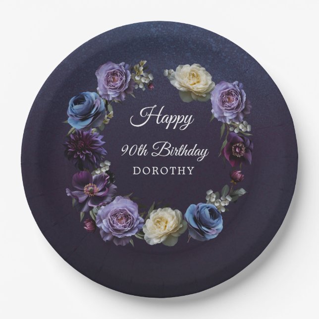 90th Birthday Personalized Moody Purple Flower Paper Plates (Front)