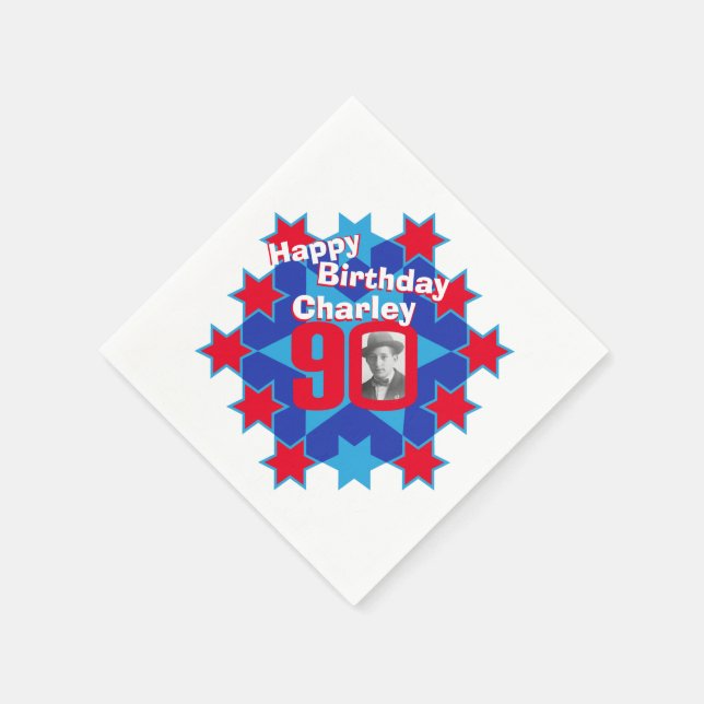 90th birthday photo and name red star napkins (Corner)