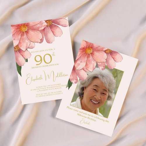 90th Birthday Photo Blush Pink Gold Watercolor Invitation