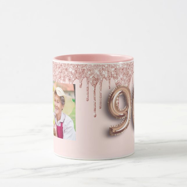 90th birthday photo blush pink rose gold glitter  mug (Center)