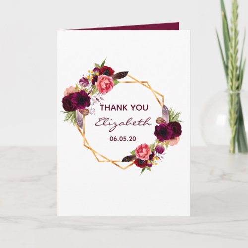 90th birthday photo burgundy floral Thank You Card