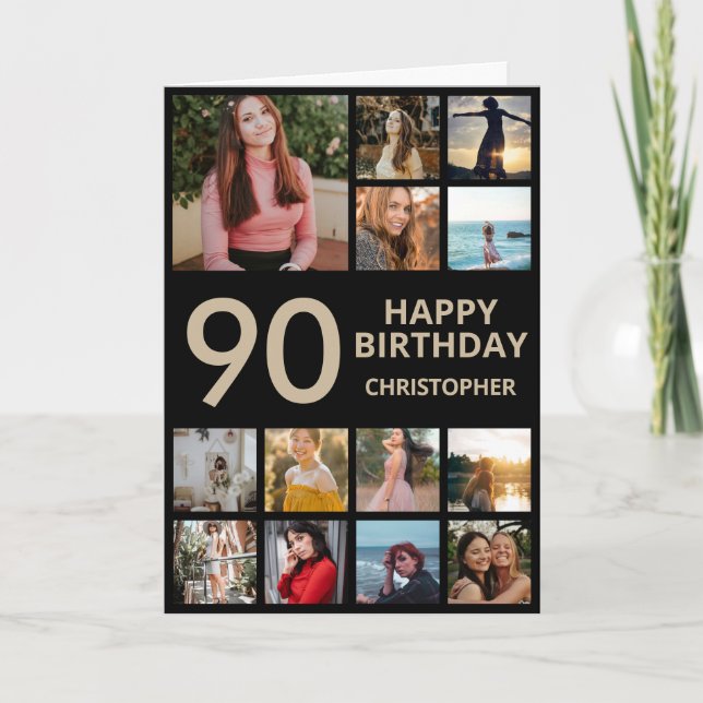 90th Birthday Photo Collage 13 Photos Black & Gold Card (Front)