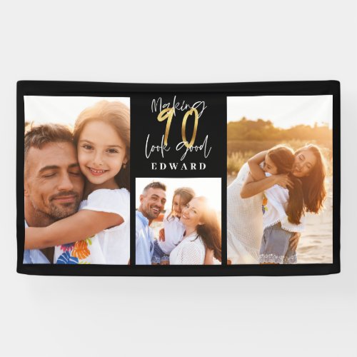 90th birthday photo collage black gold typography  banner