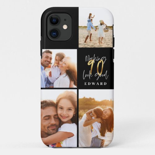 90th birthday photo collage black gold typography iPhone 11 case