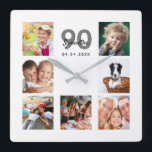 90th birthday photo collage family square wall clock<br><div class="desc">A wall clock as a gift for a 90th birthday for a woman, celebrating her life with a collage of 7 of your photos. Personalize and add a name, age 90 and a date. Date of birth or the date of the anniversary. Black and gray colored letters. A chic white...</div>