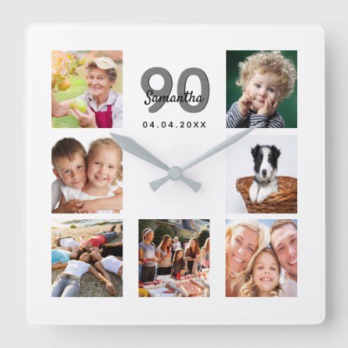 90th birthday photo collage family square wall clock