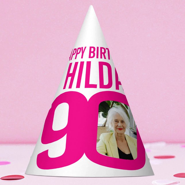 90th birthday photo custom photo pink white party hat (Creator Uploaded)