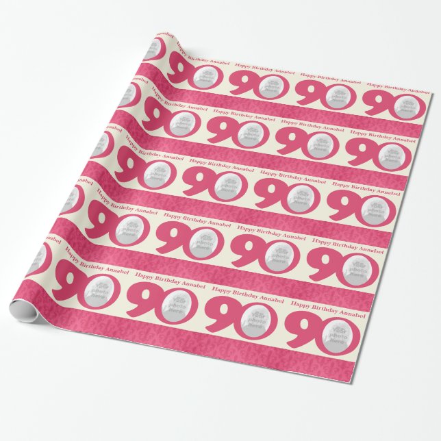 90th Birthday photo fun cream pink wrapping Wrapping Paper (Unrolled)
