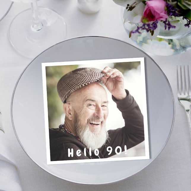 90th birthday photo hello 90 guys men napkins (Creator Uploaded)