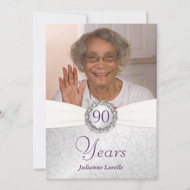 90th Birthday Photo Invitations - Silver & Purple (Front)