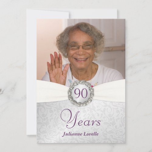 90th Birthday Photo Invitations _ Silver  Purple