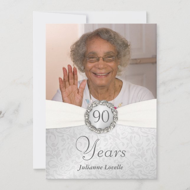 90th Birthday Photo Invitations - Silver & White (Front)