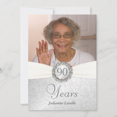 90th Birthday Photo Invitations - Silver &amp; White