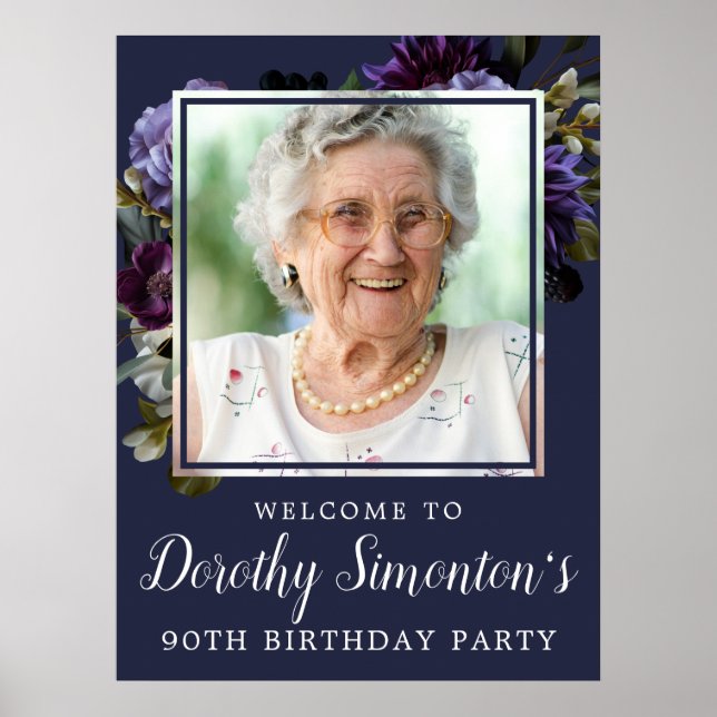 90th Birthday Photo Moody Purple Floral Welcome Poster (Front)