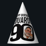 90th birthday photo personalized white black mono party hat<br><div class="desc">Add your own photo and name party hat. Ideal for a special 90th birthday party celebration. Simple black and white design. Other matching birthday items are available.  Original graphic art and design by www.mylittleeden.com</div>
