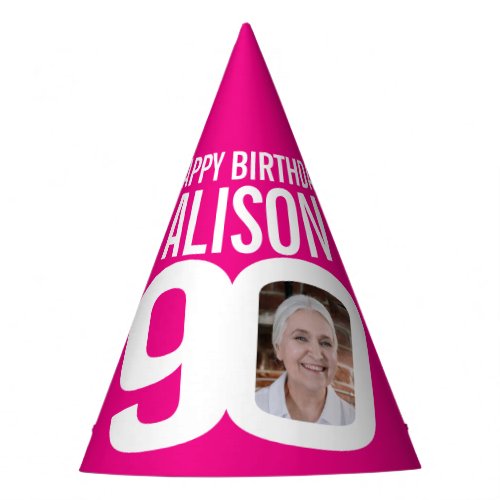 90th birthday photo personalized white hot pink party hat