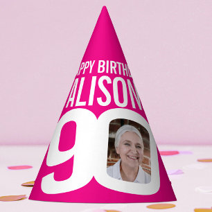 90th birthday photo personalized white hot pink party hat