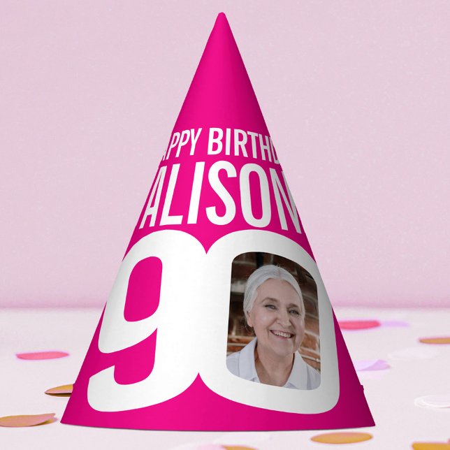 90th birthday photo personalized white hot pink party hat (Creator Uploaded)