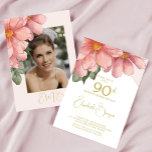 90th Birthday Photo Pink Elegant Floral Birthday Invitation<br><div class="desc">Gold Colored and Pink is the background for this large floral  bouquet  90th  birthday invitation.
An elegant modern design that is easily altered to your own information. The photo is easily changed for your own image.
A modern elegant design  from Chessie's Fine Designs.</div>