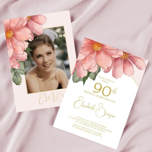 90th Birthday Photo Pink Elegant Floral Birthday Invitation