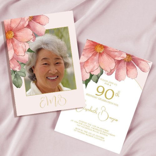 90th Birthday Photo Pink Floral Elegant Birthday Invitation