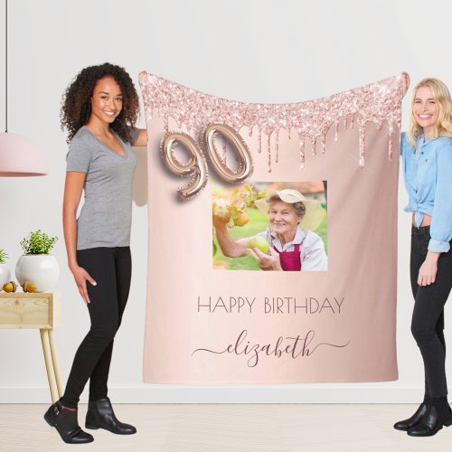 90th birthday photo rose gold glitter blush pink fleece blanket