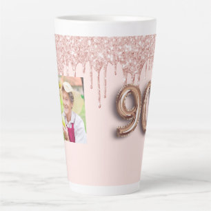 90th birthday photo rose gold pink drips latte mug